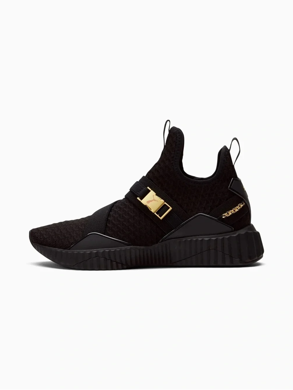 PUMA Women’s 10 Defy Mid Black Training Sneakers with Gold Buckle and Chain